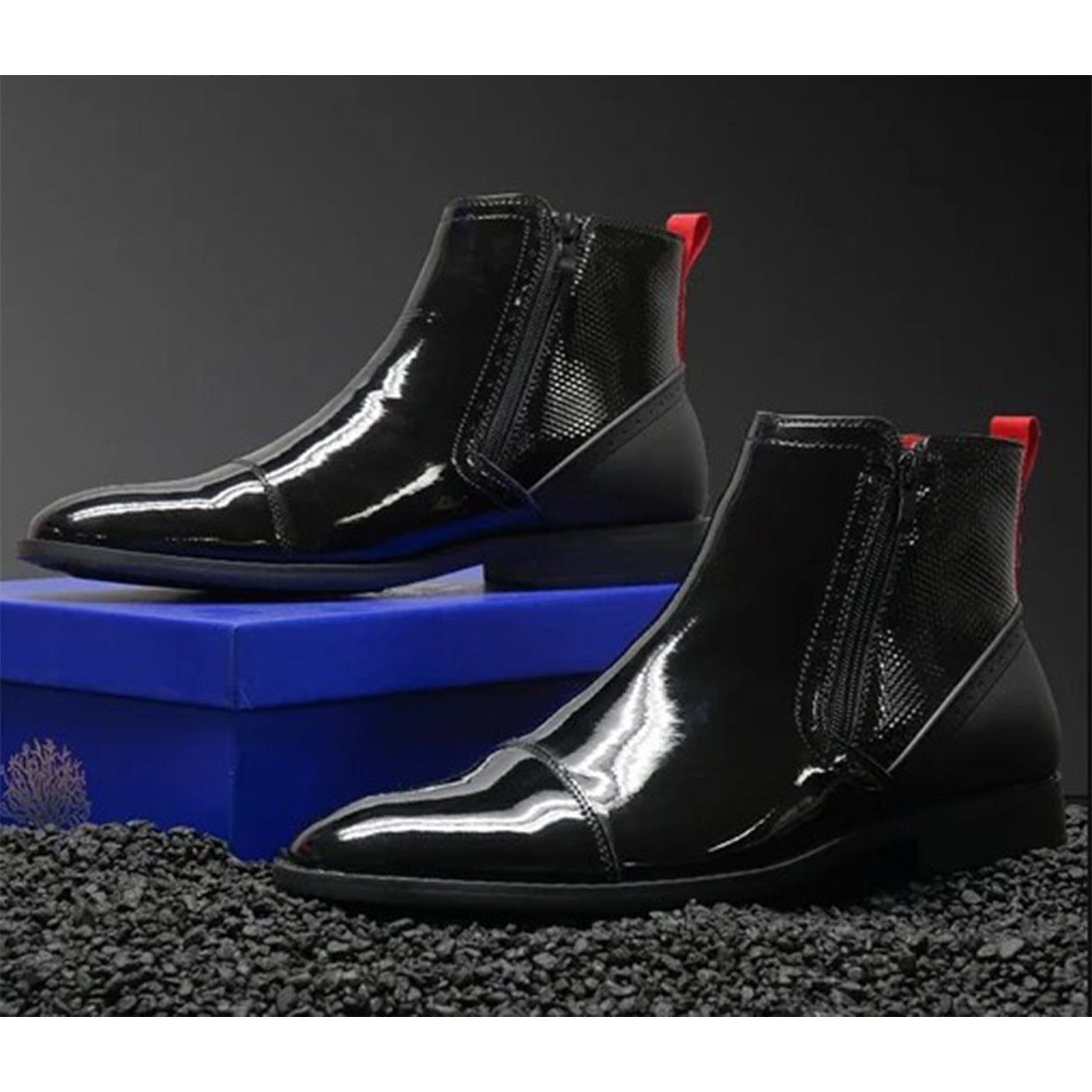 Mens black patent leather chelsea boots best sale